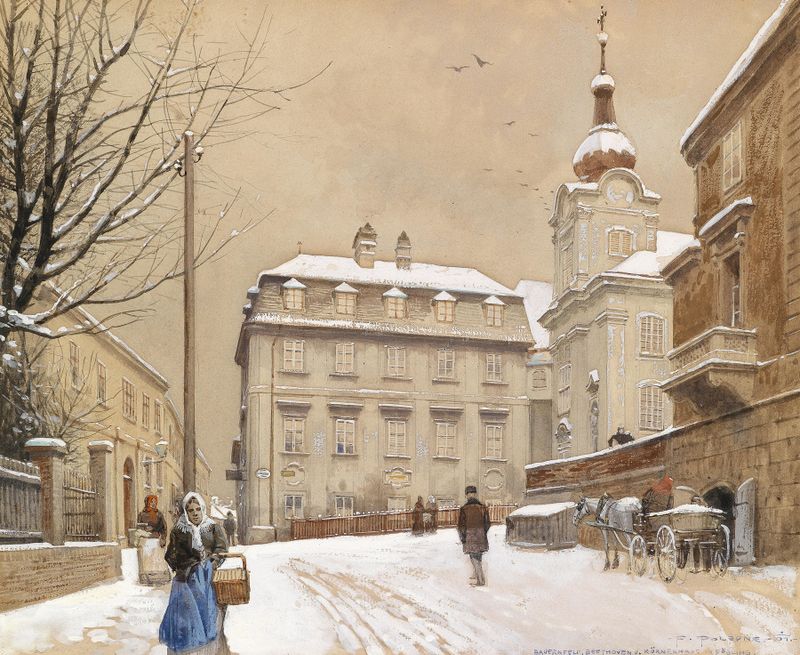 Döbling by Franz Poledne, an impressionist landscape depicting sunlight over distant hills.