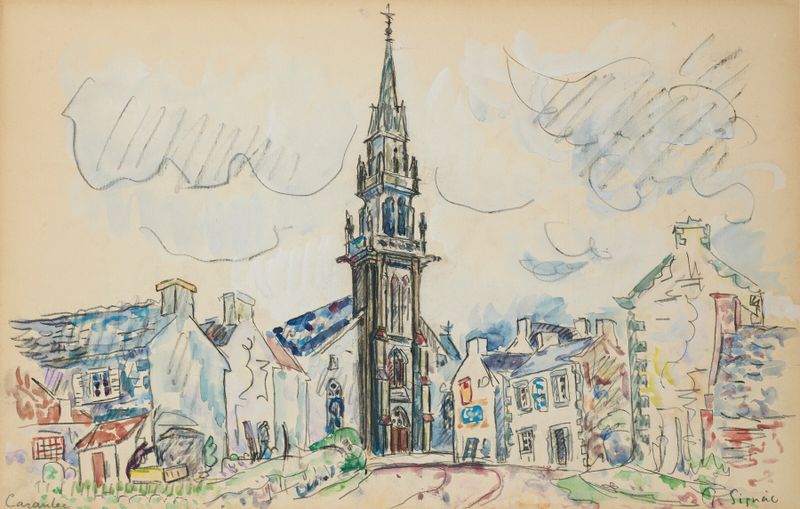 Carantec, l’église de Paul Signac, óleo sobre lienzo que representa un pueblo costero con una iglesia.