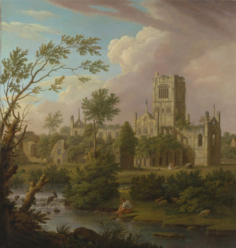 Kirkstall Abbey ruins in a landscape, oil painting by George Lambert
