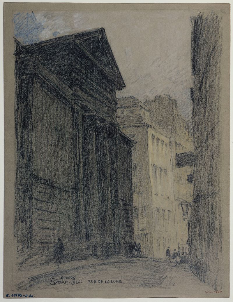 La rue de la Lune de Ferdinand Boberg, modernismo, paisaje crepuscular con edificios y una calle.