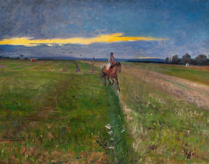 Peasant on horseback, oil painting by Włodzimierz Tetmajer, featuring a contemplative figure.