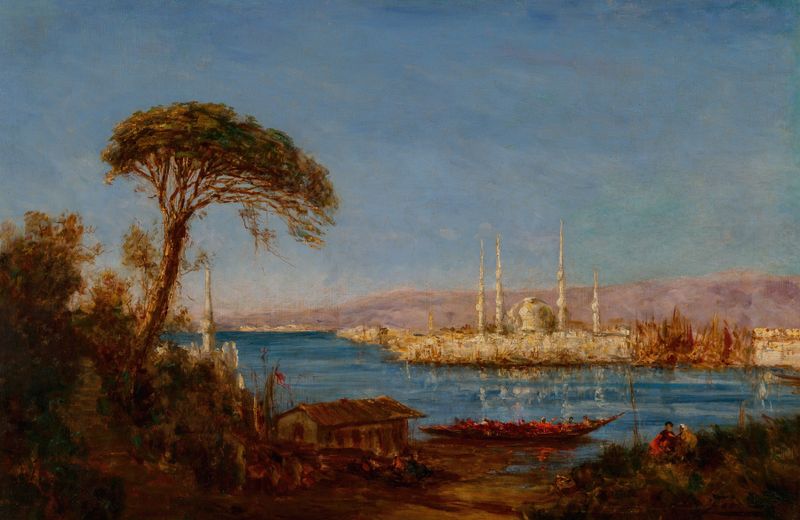 Oil on canvas by Félix Ziem depicting a mosque silhouette at sunset.