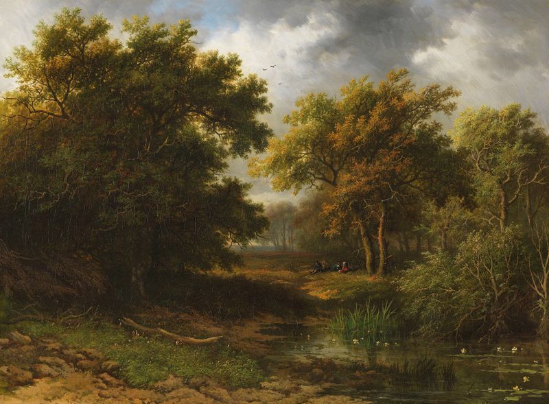 Romanticism landscape with a pond and trees by Willem Bodeman