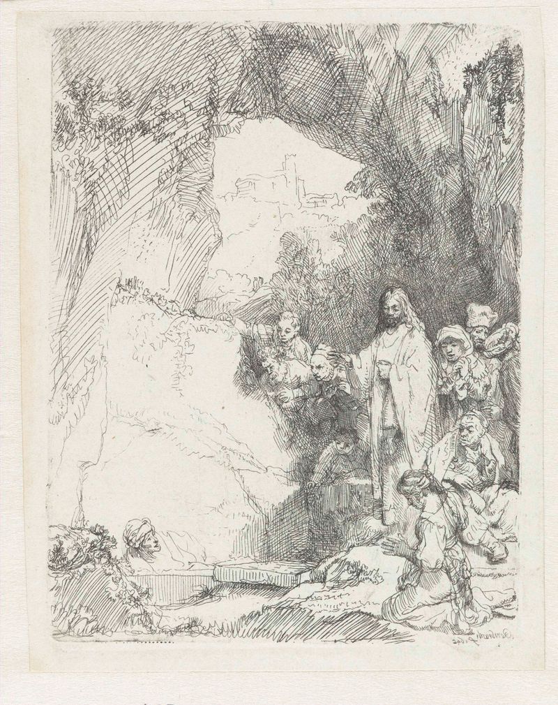 Grabado de Rembrandt van Rijn mostrando a Lázaro emergiendo de la oscuridad a la luz