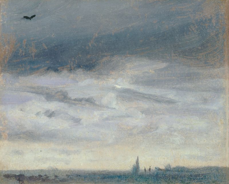 Landscape oil painting by Lionel Constable depicting soft hills and grey clouds