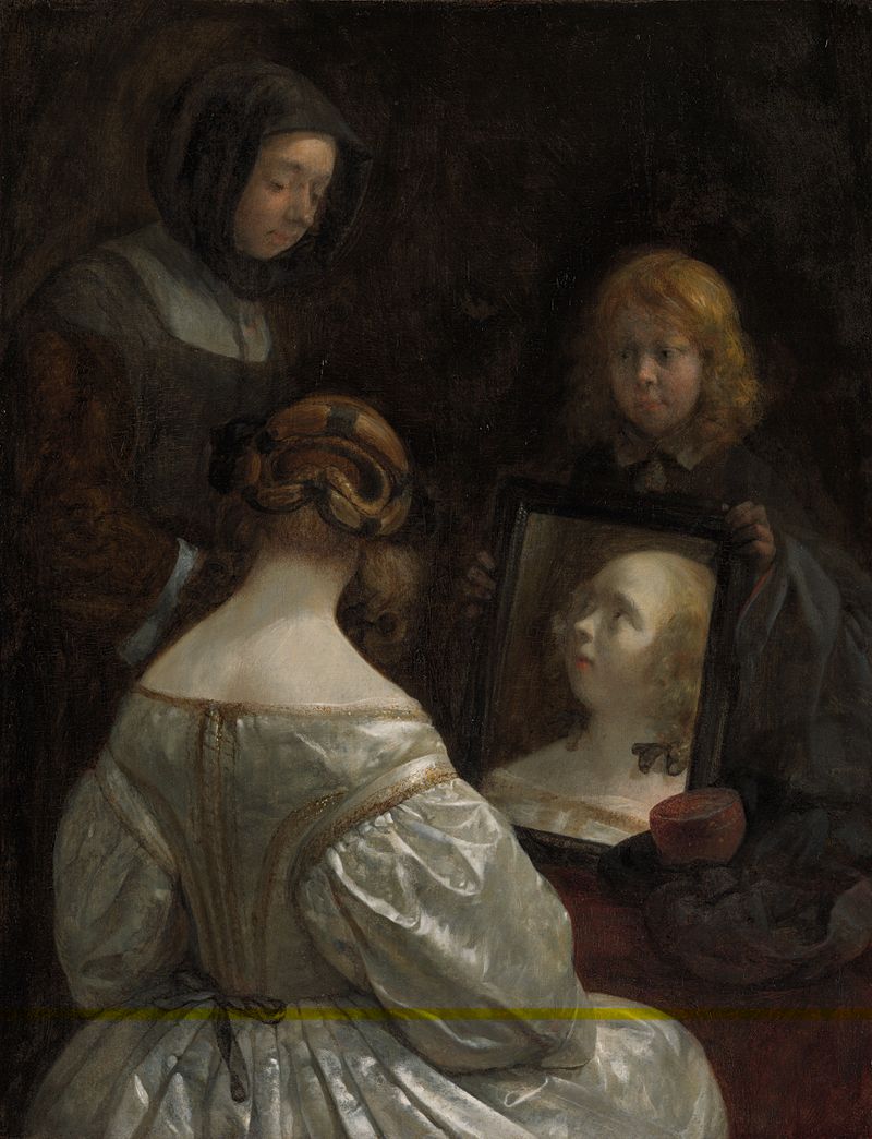 Mujer ante un espejo, óleo sobre panel de Gerard ter Borch, con una mujer en un vestido y un niño sosteniendo un espejo.