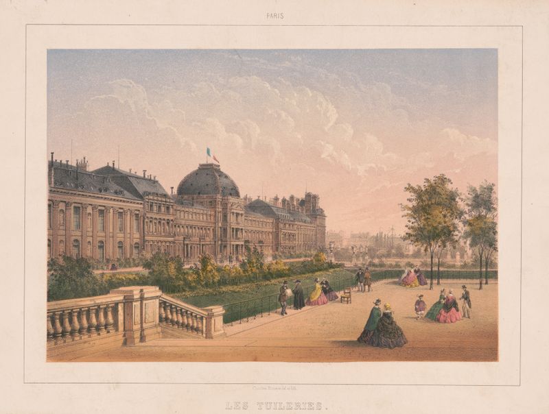Paris. Les Tuileries, oil on canvas by Charles Rivière, depicting a lively park scene with sunlight and figures.