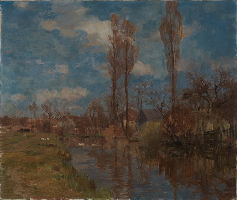 Vorfrühling by Fanny Edle von Geiger-Weishaupt, oil on canvas depicting a spring landscape.