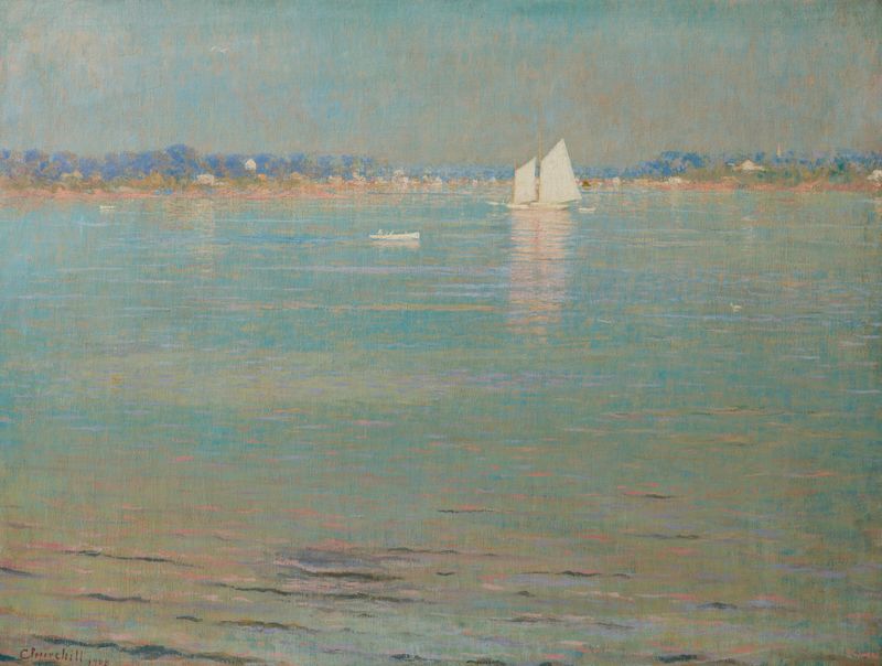 Escena marina que representa agua y barcos de William Worcester Churchill, pintura al óleo