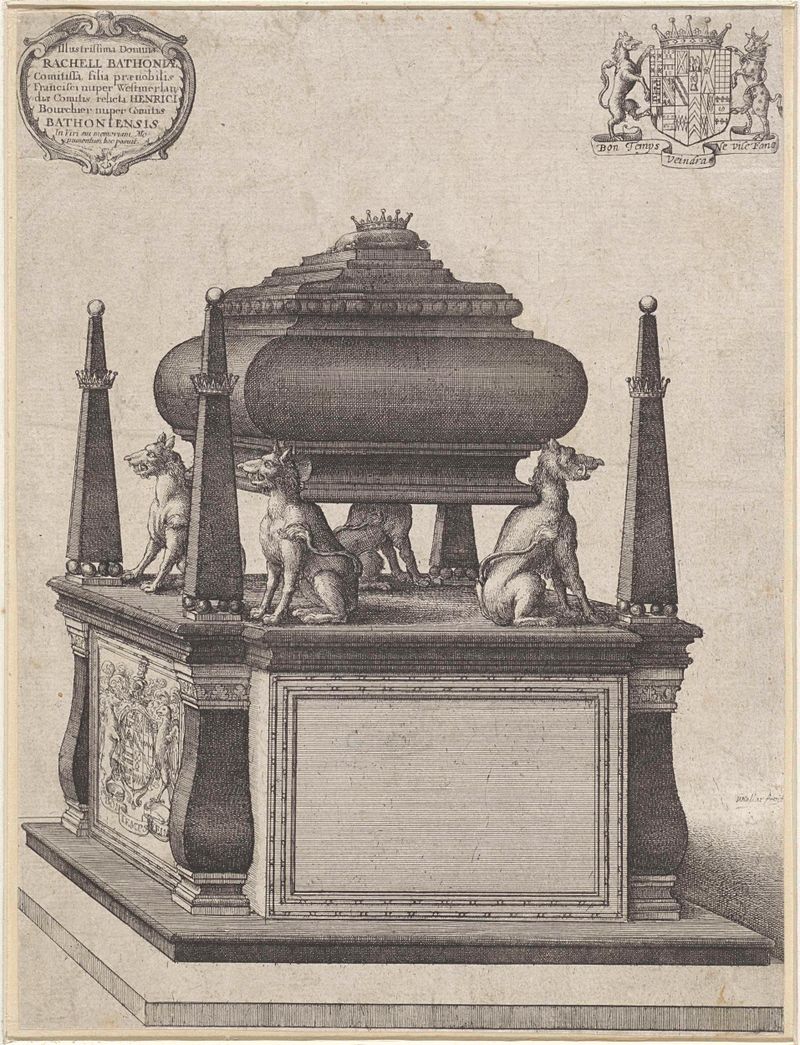 Gravura de Wenceslaus Hollar representando um monumento funerário com figuras detalhadas