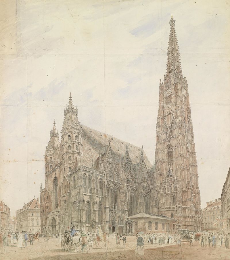 Stephansdom in Wien by Jakob Alt, oil painting depicting a cathedral in a serene landscape