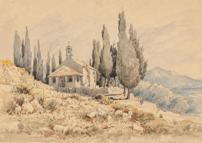 Landscape featuring a small figure by the roadside, oil painting by Anton Perko
