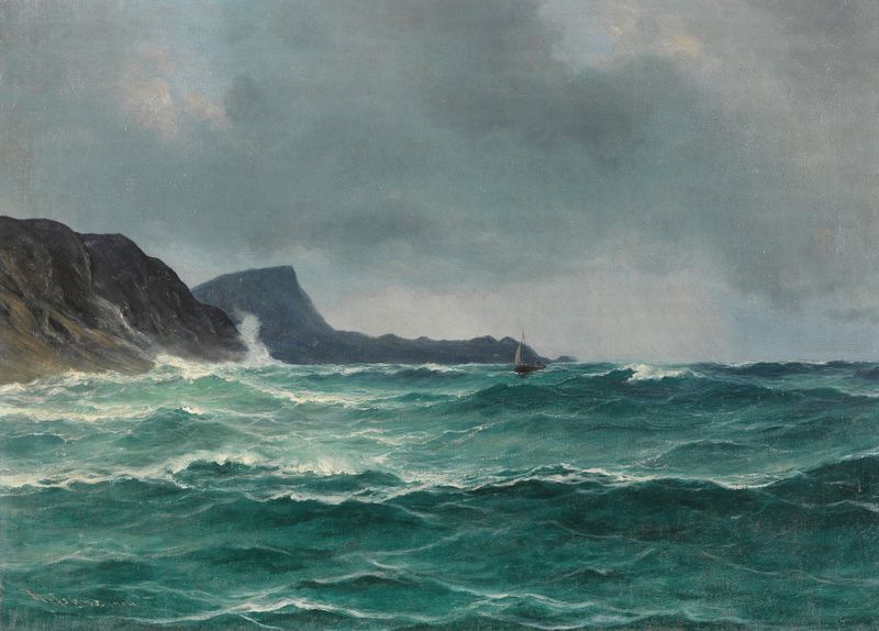 Nordische Küste mit Segelboot de Isak Elias Refsnaes, pintura a óleo de um veleiro no oceano.