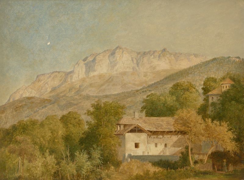 Watercolour by Wolfgang Adam Töpffer depicting a farmhouse and mountains.