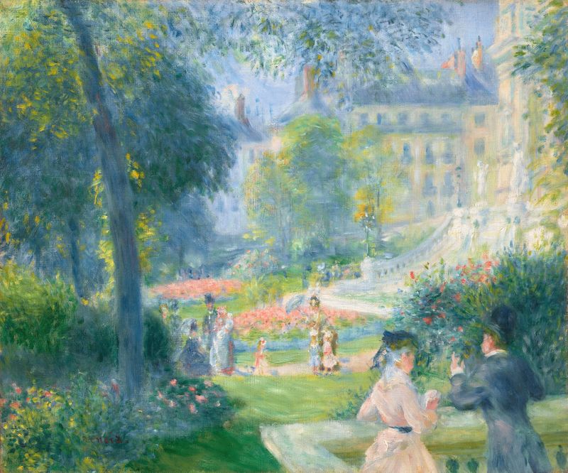 Square de la Trinité de Pierre-Auguste Renoir, óleo sobre lienzo que representa un parque con figuras y luz solar.