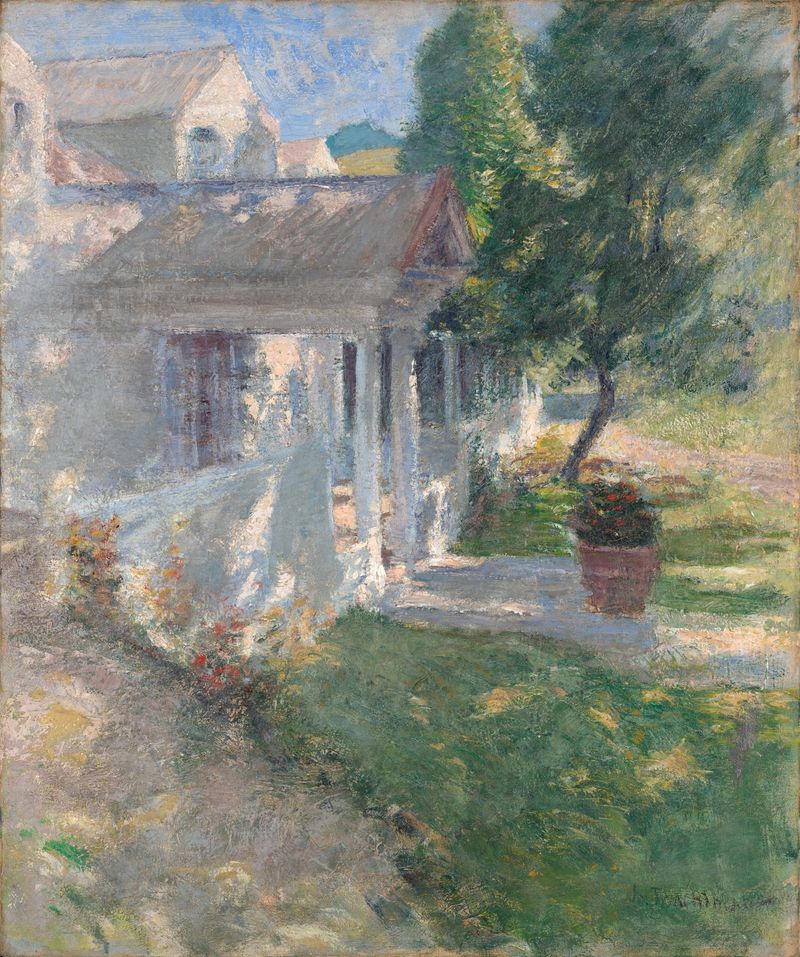 My House de John Henry Twachtman, Impresionismo, representa una casa tranquila en tonos suaves