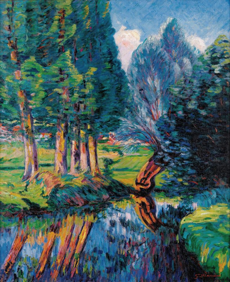 Paysage À Breuillet de Armand Guillaumin, óleo sobre lienzo que representa un atardecer sobre campos dorados.