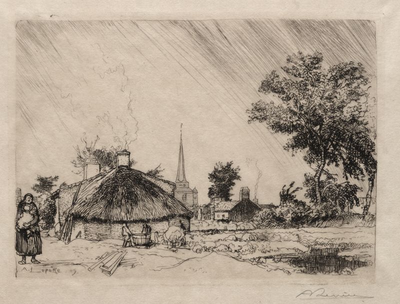 O Chuveiro, gravura de Auguste Louis Lepère, retratando árvores e figuras sob um céu azul.