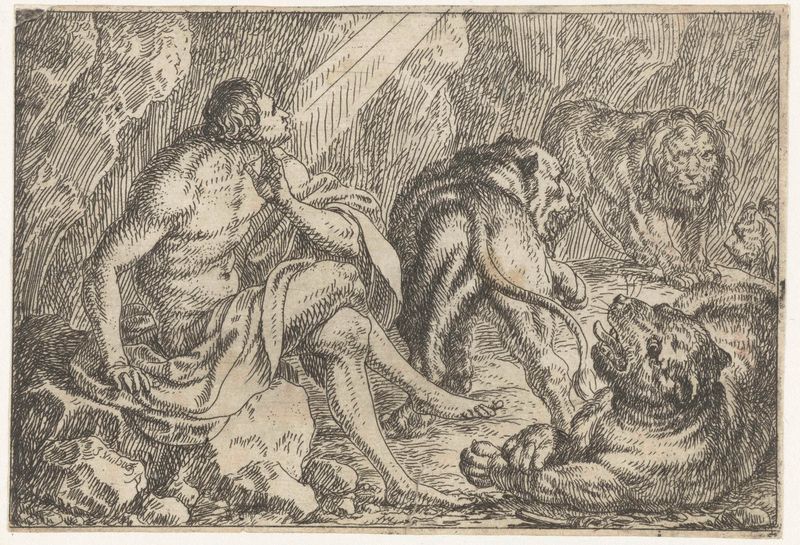 Daniël in de leeuwenkuil etching by Jonas Umbach depicting a figure confronting a lion