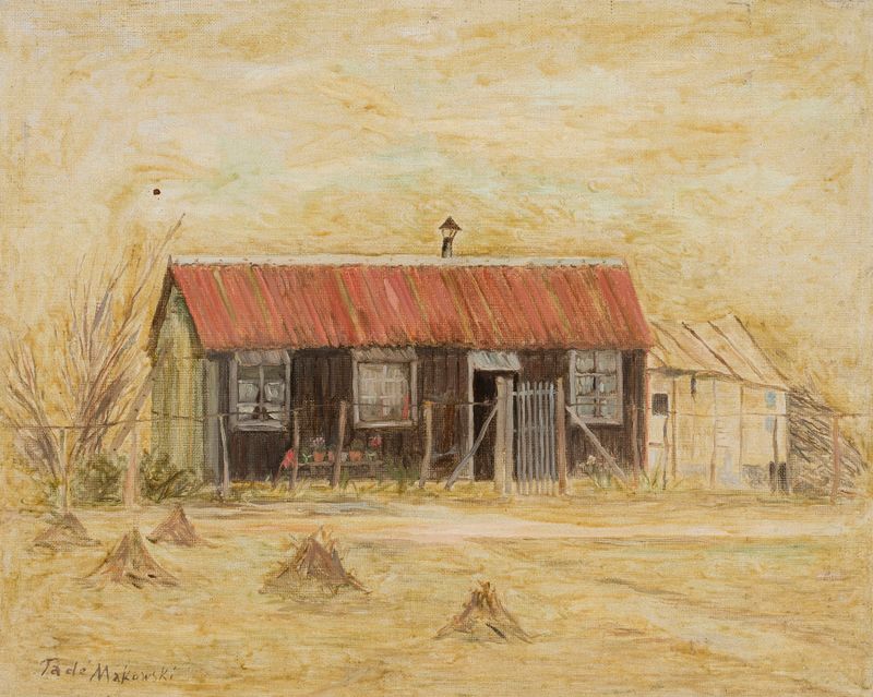 Domek de Tadeusz Makowski, óleo sobre tela que retrata uma cabana em uma paisagem vibrante.