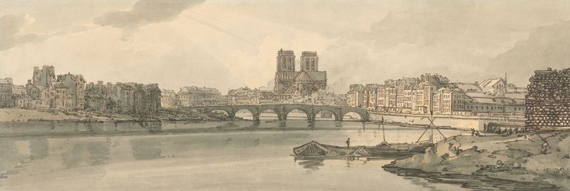 Aquarela de Thomas Girtin representando Notre Dame e o Pont de la Tournelle ao pôr do sol.