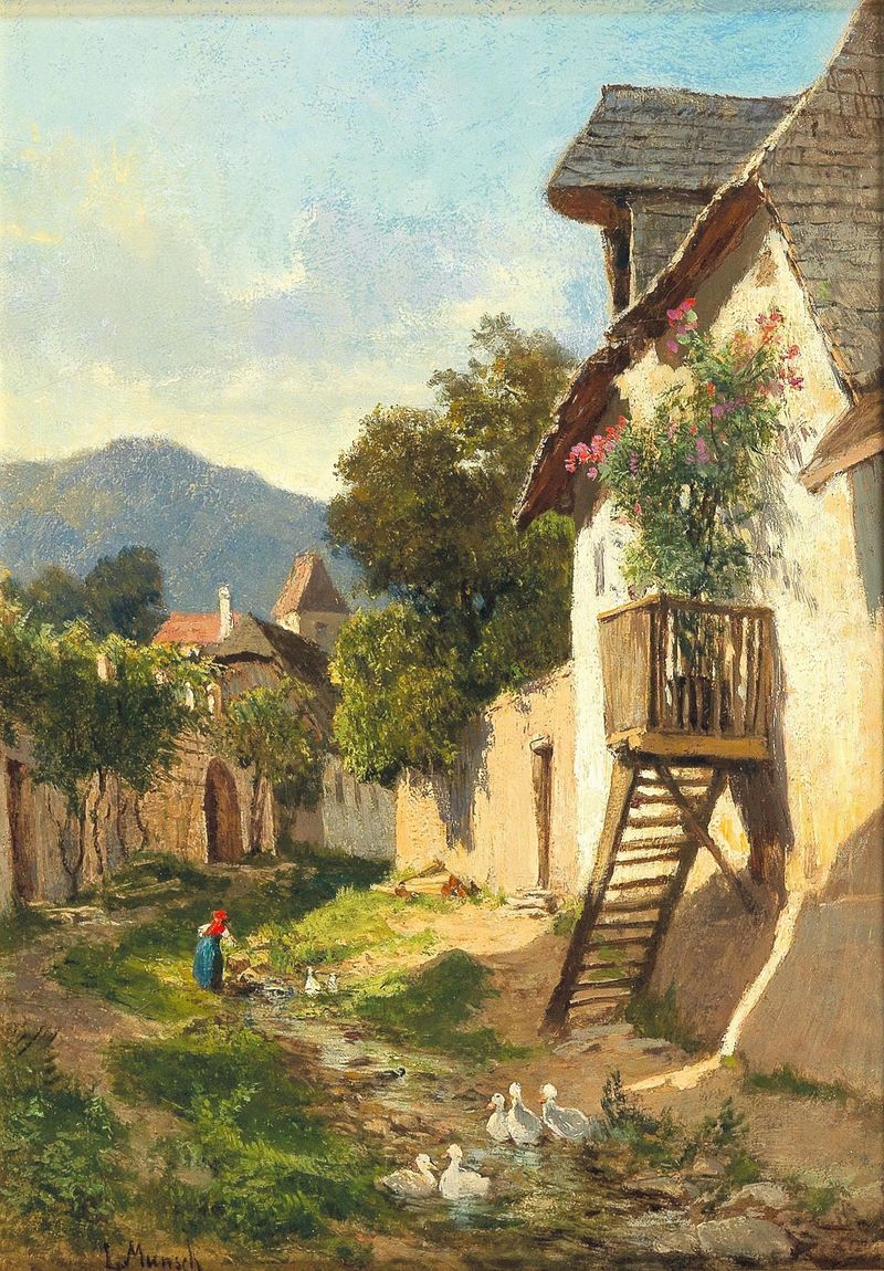 Scene of the Wachau by Leopold Munsch, oil on canvas depicting a tranquil river landscape
