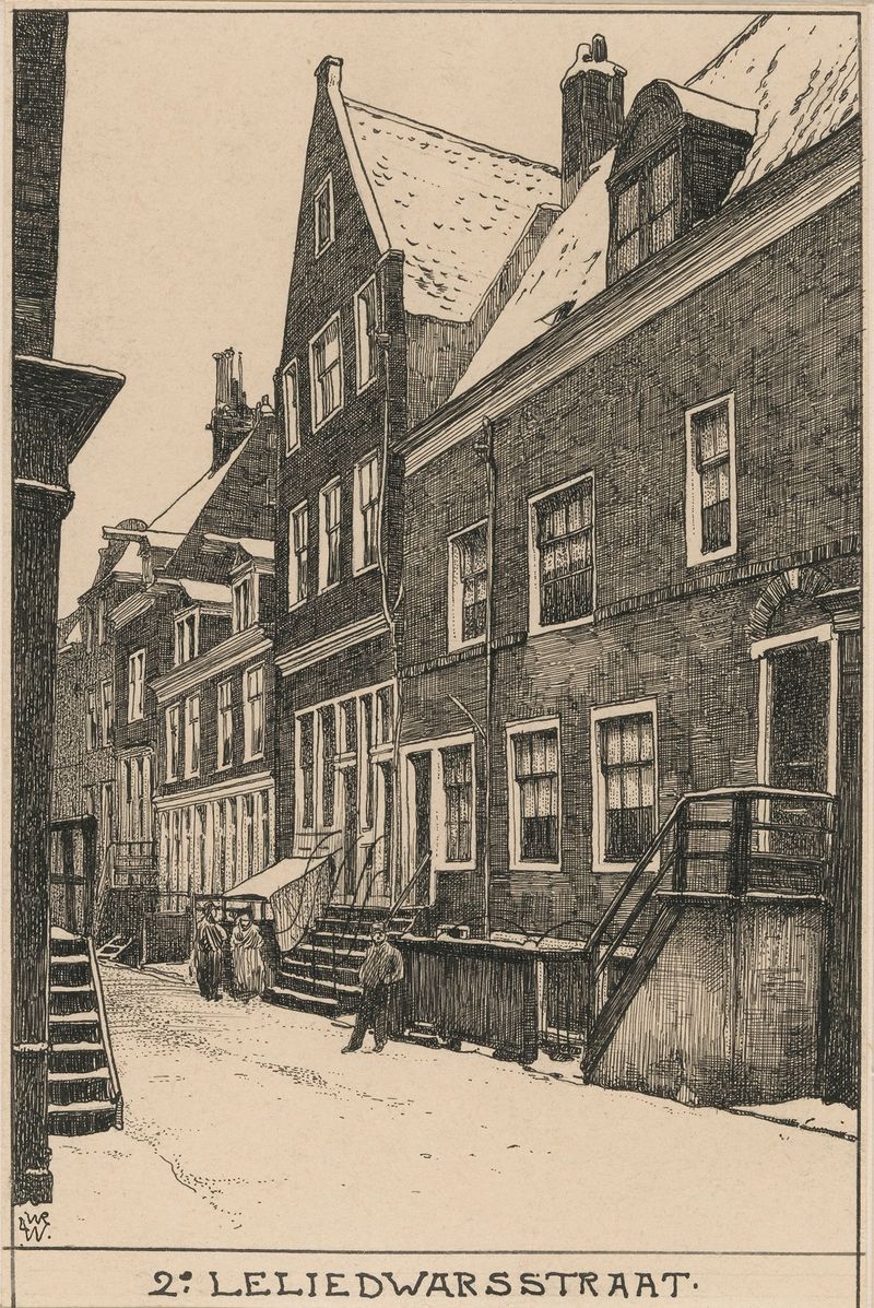 Óleo sobre lienzo de Willem Wenckebach que representa una calle estrecha de Ámsterdam con casas.