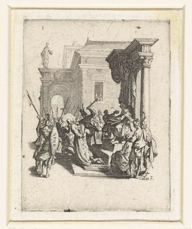 Grabado de Jacques Callot que representa a Pilato con las manos levantadas, iluminado por la luz.