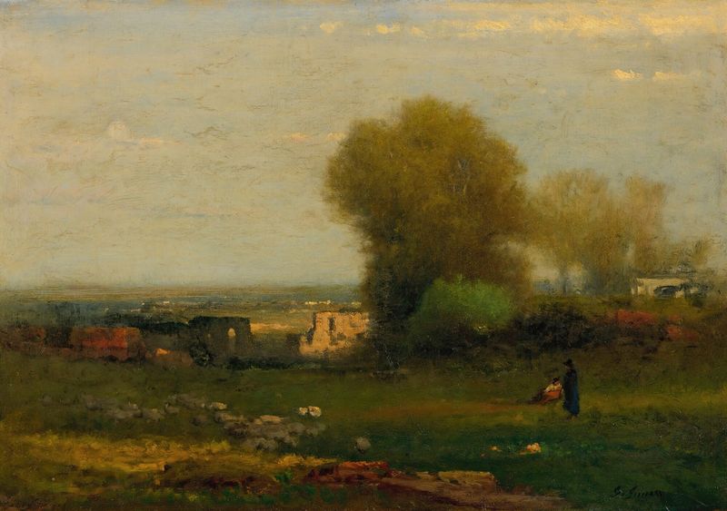 Landscape with an aqueduct and rolling hills, oil painting by George Inness