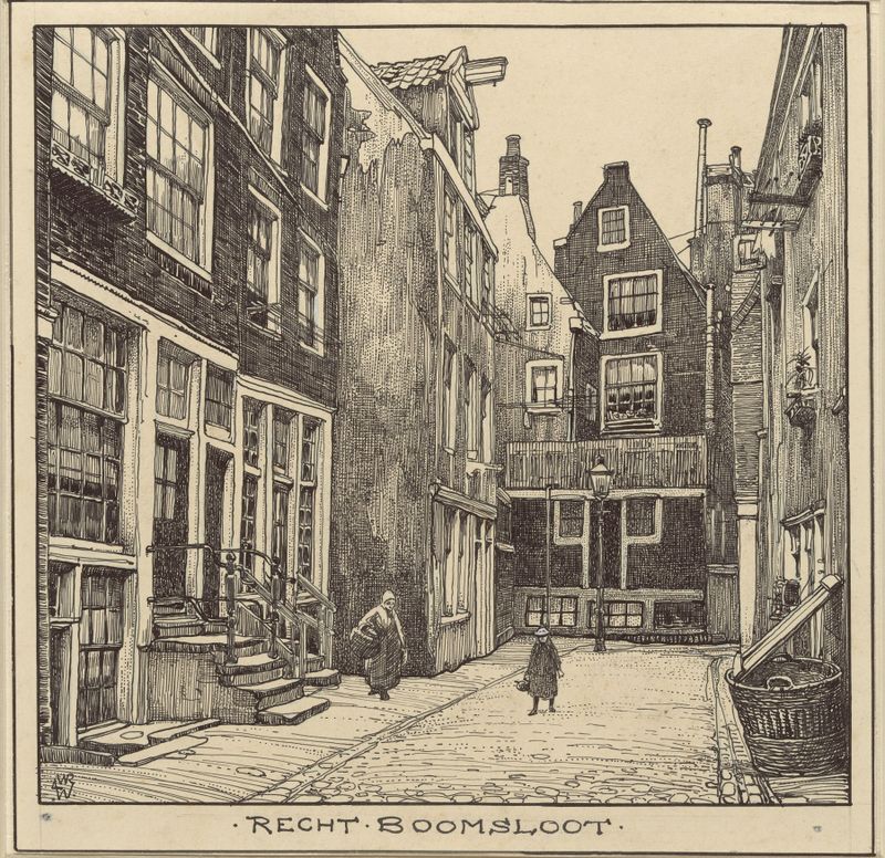 Rechtboomsloot te Amsterdam de Willem Wenckebach, óleo sobre tela que retrata uma cena tranquila de canal