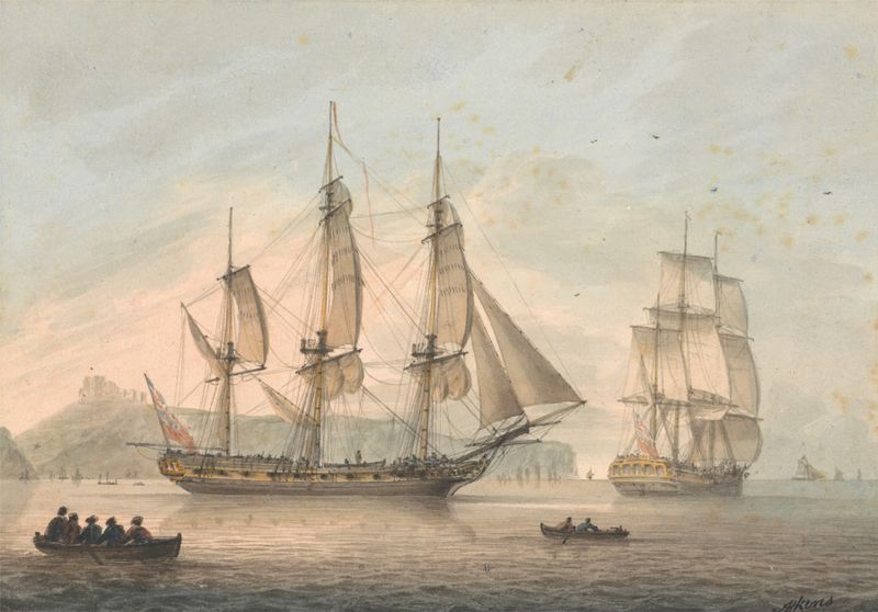 Oil painting by Samuel Atkins depicting ships sailing on the ocean under sunlight