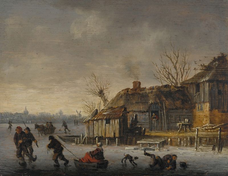 Paisagem de inverno com patinadores, pintura a óleo de Salomon van Ruysdael
