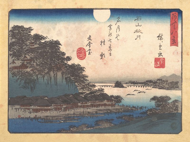 Ukiyo-e de Utagawa Hiroshige retratando um rio e uma ponte sob a lua de outono.