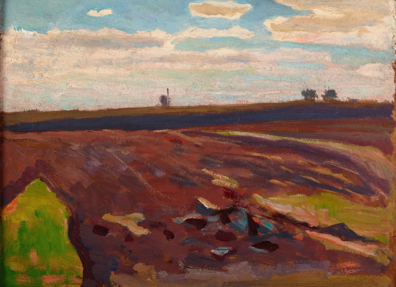 Plough-Land in Spring, óleo sobre tela de Jan Stanisławski, representando campos arados e uma paisagem primaveril.