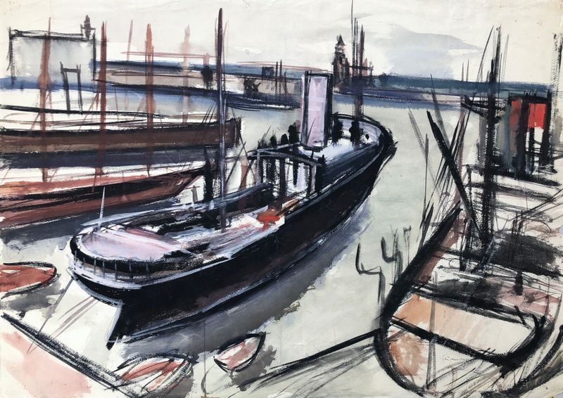 Escena marina con el casco de un barco en aguas tranquilas, pintura al óleo de Otto Geigenberger