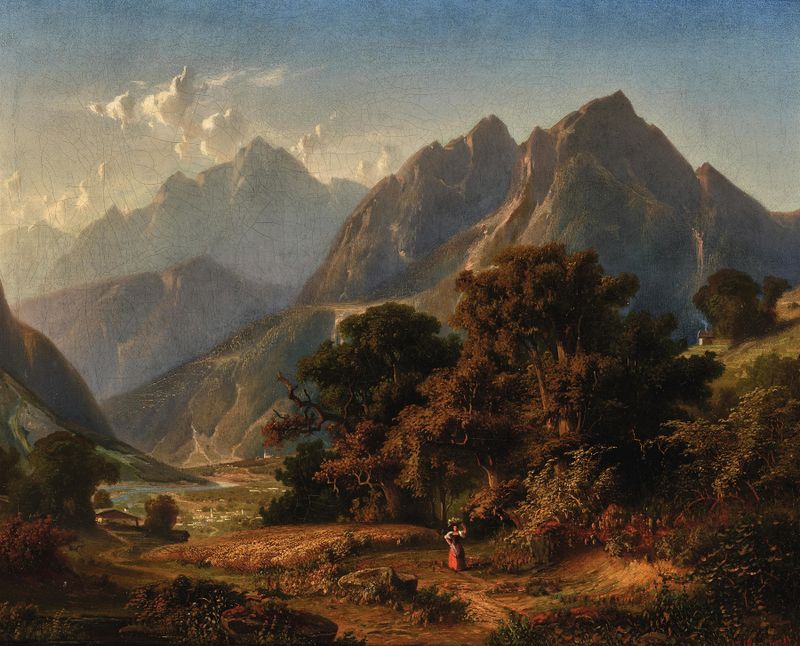 Pintura figurativa a óleo de Leopold Stephan mostrando uma figura solitária em um caminho estreito cercado por cores quentes.