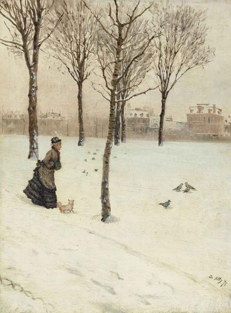 Portrait of a woman in a crimson cloak with a small dog, oil on canvas by Giuseppe De Nittis