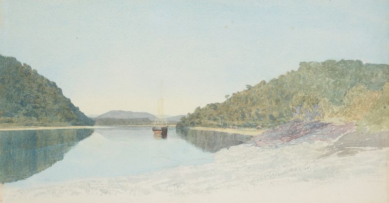 Site of Greymouth, oil on canvas by James Crowe Richmond, depicting a dawn landscape over New Zealand's coastline.
