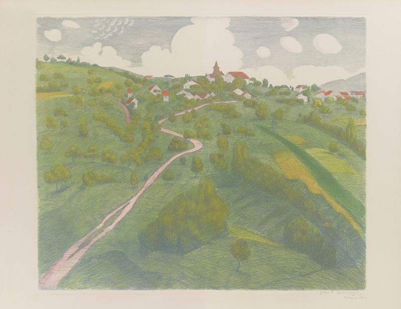 Vue de Belmont, près de Lausanne by Théophile Alexandre Steinlen, oil painting depicting rolling hills and golden light.