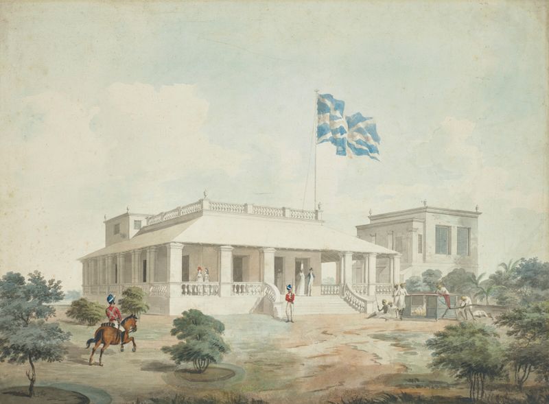 A Mansion at Madras de John Gantz, cena de gênero com figuras e arquitetura