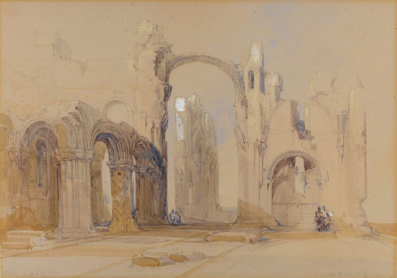 Lindisfarne Priory, óleo sobre lienzo de David Roberts, presenta majestuosas ruinas bajo un cielo sombrío.