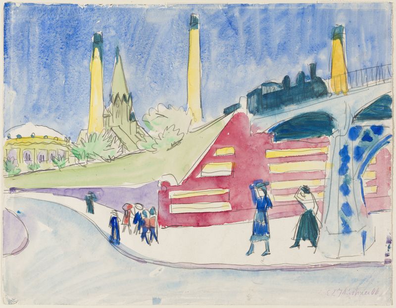 Pintura a óleo de Ernst Ludwig Kirchner com figuras dinâmicas e uma paisagem vibrante.