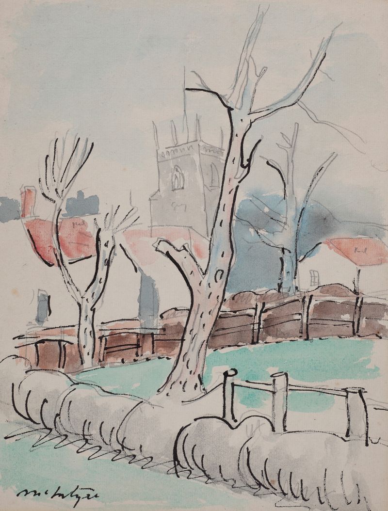 Paisagem com árvores e uma torre de igreja de Raymond McIntyre, meio desconhecido.