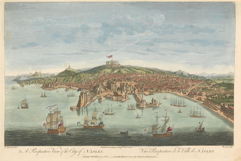 Engraving by Thomas Bowles III depicting Naples' architecture and cityscape.
