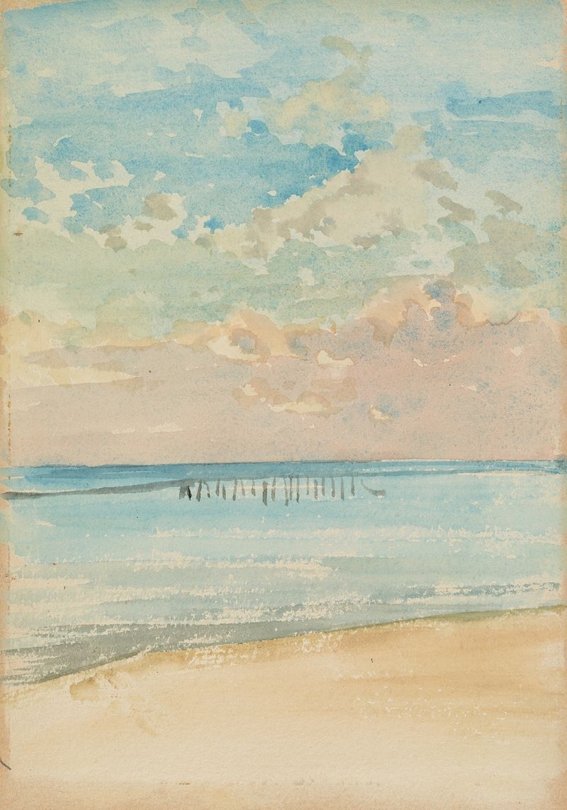 Southend–Sunset de James Abbott McNeill Whistler, pintura a óleo que retrata um sereno pôr do sol sobre a água.