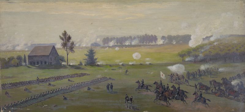 Historical scene of chaos during battle, oil painting by Edwin Forbes