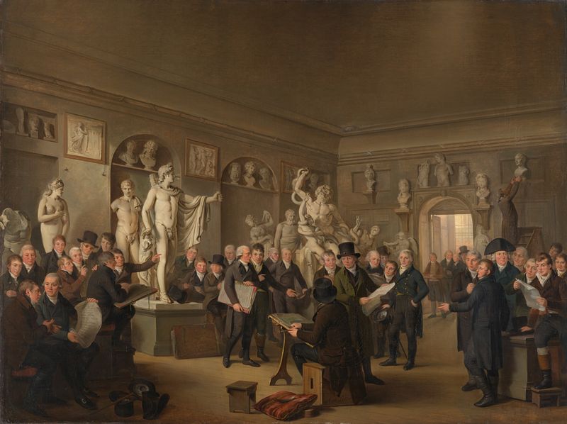 Interior of the sculpture gallery with plaster casts, oil on canvas by Adriaan de Lelie