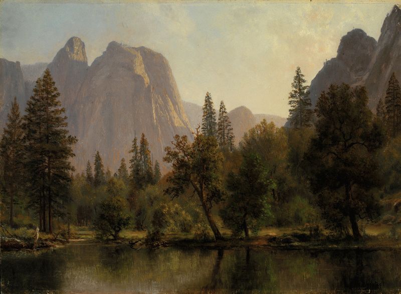 Cathedral Rocks, Yosemite Valley de Albert Bierstadt, óleo que muestra picos de granito y un atardecer.