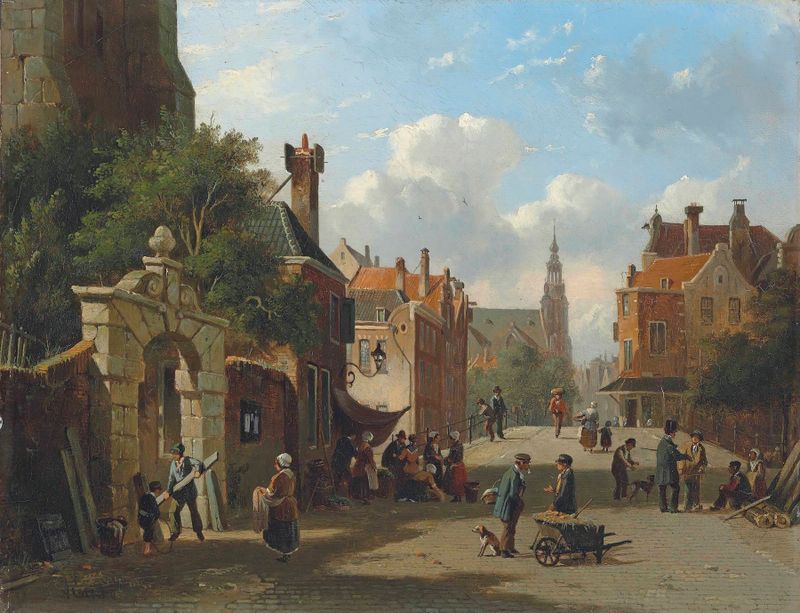 Genre scene of a busy street in Holland by Adrianus Eversen, oil painting