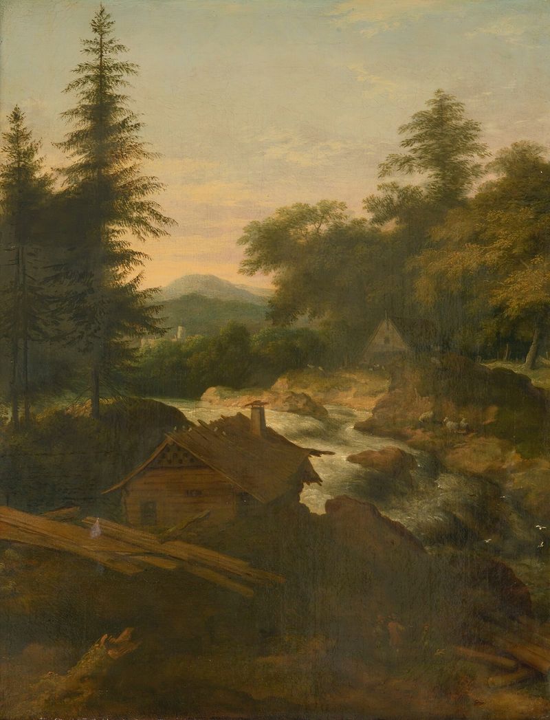 River landscape with cottage, oil painting by Allaert van Everdingen